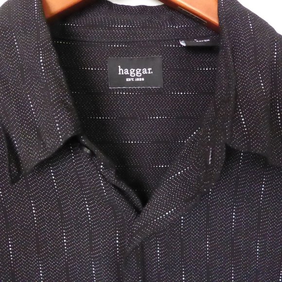HAGGAR BRAND MENS BLACK CREAM DOTTED PATTERN SHIRT (PRE-OWNED) LARGE - Picture 3 of 7